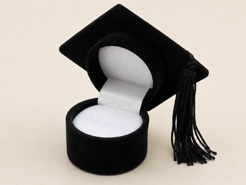 Caja de terciopelo abierta con la medalla del curso adentro